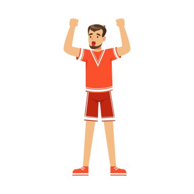 Kırmızı onun takım vektör çizim zaferini kutluyor futbol fan karaktere tezahürat