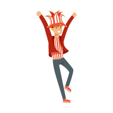 Gülümseyen futbol fan karakter onun takım vektör çizim zaferini kutluyor kırmızı şapkalı