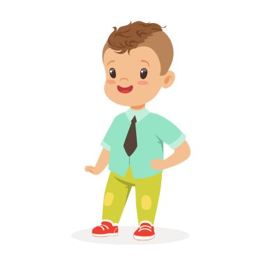 Sevimli gülümseyen küçük çocuk moda giyim renkli karikatür karakter vektör çizim giyinmiş