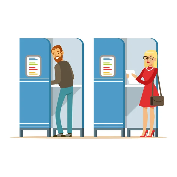 Man and woman in voting booths casting their ballots vector Illustration — Stock Vector