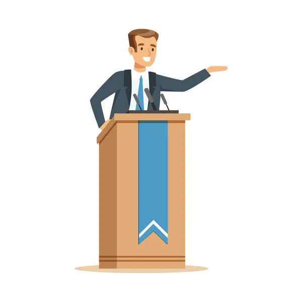 Orador falando de tribuno, orador público personagem vetor Ilustração —  Vetores de Stock