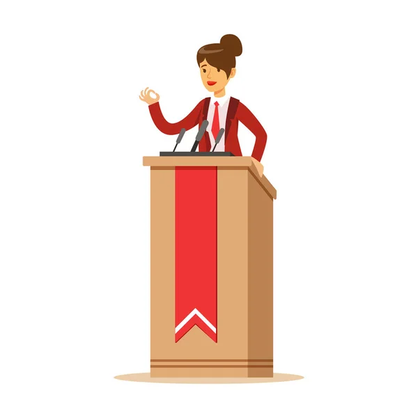 Young politician woman speaking behind the podium, public speaker character vector Illustration — Stock Vector