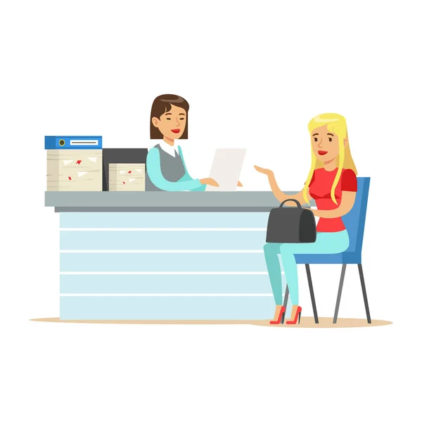 Joven mujer de negocios entrevistando solicitante de empleo en el escritorio en vector de oficina Ilustración — Vector de stock