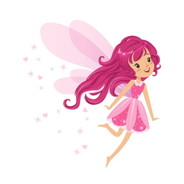 Όμορφη χαμογελαστή ροζ κορίτσι νεράιδα που φέρουν πολύχρωμο κινούμενα σχέδια χαρακτήρα διανυσματικά εικονογράφηση — Διανυσματικό Αρχείο