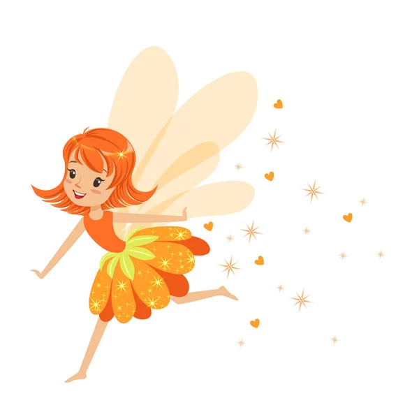 Piękna uśmiechający się pomarańczowy dziewczyna bajki charakter kolorowy kreskówka wektor ilustracja latający — Wektor stockowy
