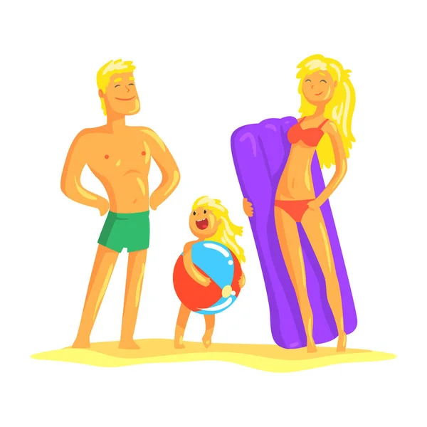 Happy parents and their son resting on the beach, summer holiday vector Illustration — Stock Vector