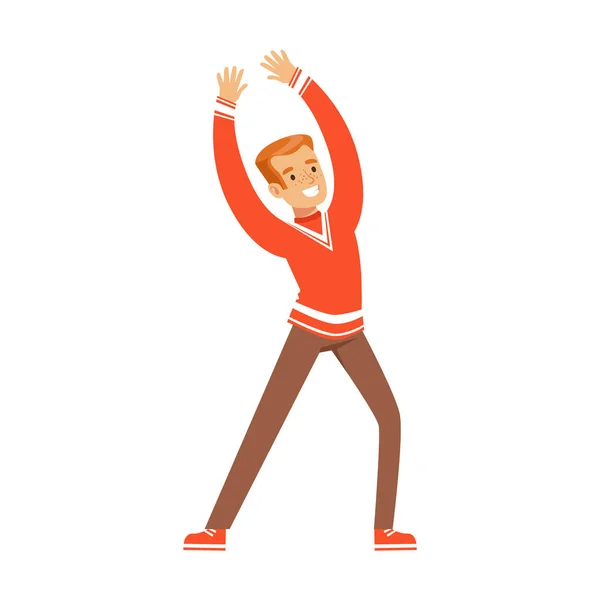 Sourire personnage fan de football en rouge célébrant la victoire de son équipe vecteur Illustration — Image vectorielle