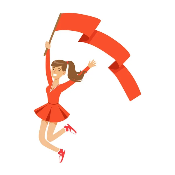 Personagem de menina fã de futebol feliz em salto vermelho com bandeira de seu vetor de equipe Ilustração — Vetor de Stock