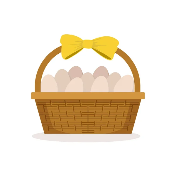 Koš s žlutou mašlí plné čerstvých domácích vajec vektorové ilustrace — Stockový vektor