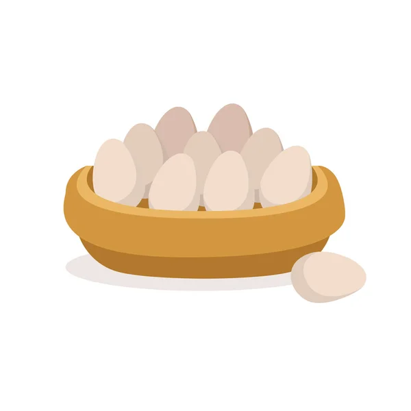 Wooden bowl full of fresh farm eggs, poultry breeding vector Illustration — Stock Vector