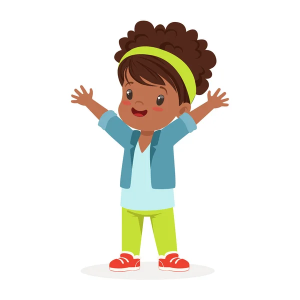Petite fille brune mignonne en vêtements décontractés vecteur de personnage de dessin animé coloré Illustration — Image vectorielle