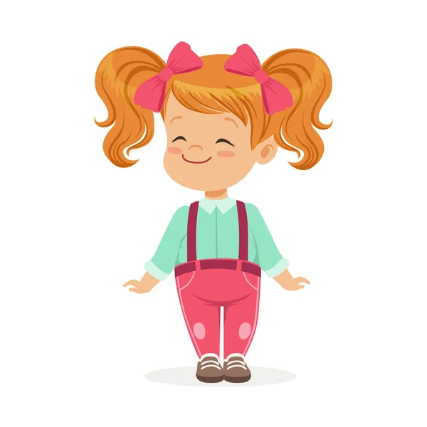 Färgglada seriefiguren sött leende liten rödhårig flicka i casual kläder med rosa rosetter på hennes huvud, och vektor Illustration — Stock vektor