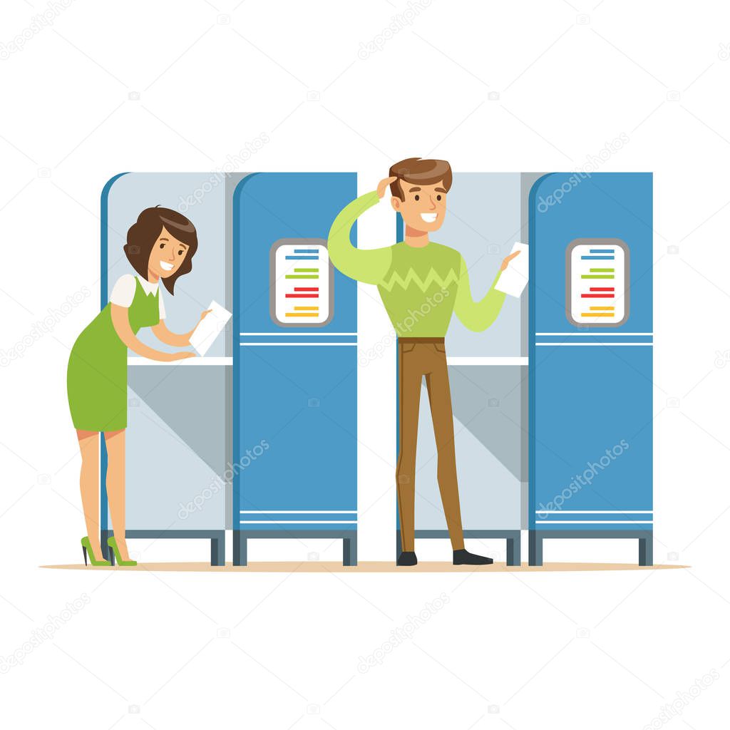 Voting booths with man and woman casting their ballots vector Illustration