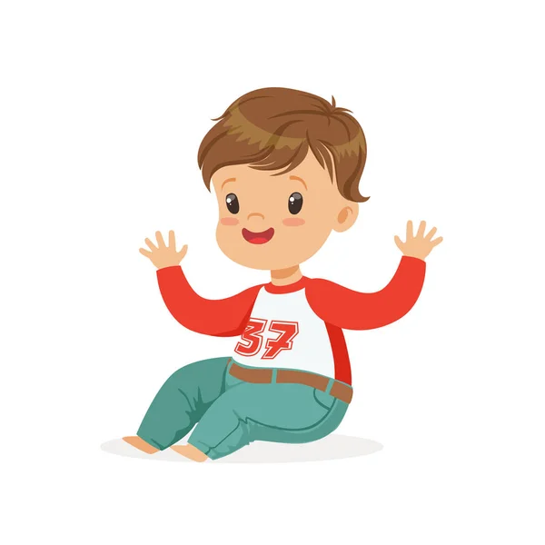 Lindo niño sonriente vestido con jeans y sudadera colorido personaje de dibujos animados vector Ilustración — Archivo Imágenes Vectoriales