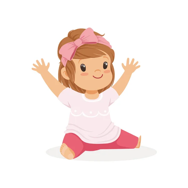 Carino bambina seduta vestita in abiti casual colorato personaggio dei cartoni animati vettore Illustrazione — Vettoriale Stock