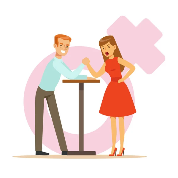 男性と女性の手握りしめアーム レスリングのガール フレンドに立ち向かう彼女の彼氏のカラフルな文字ベクトル図 — ストックベクタ