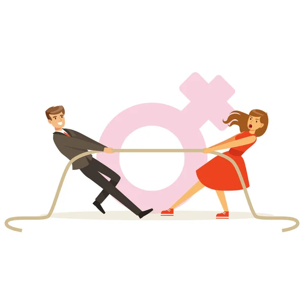 男人和女人穿着红色拉一根绳子，女权主义多彩文字矢量图 — 图库矢量图片