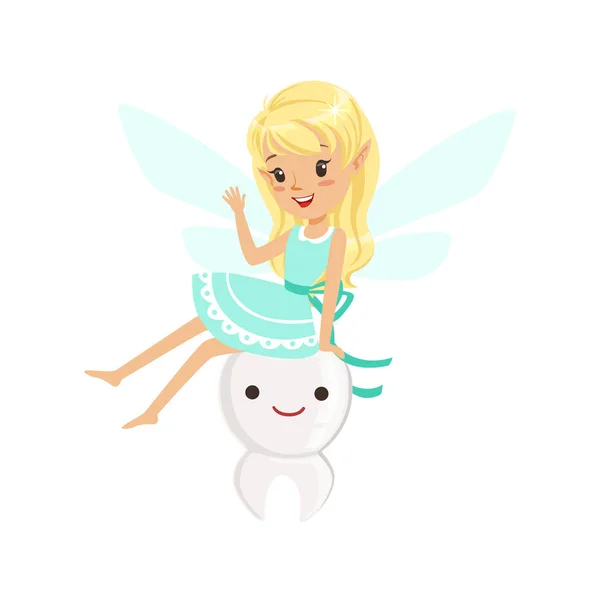 Mooie zoete blonde Tandenfee meisje zittend op een grote tand kleurrijke cartoon karakter vector illustratie — Stockvector
