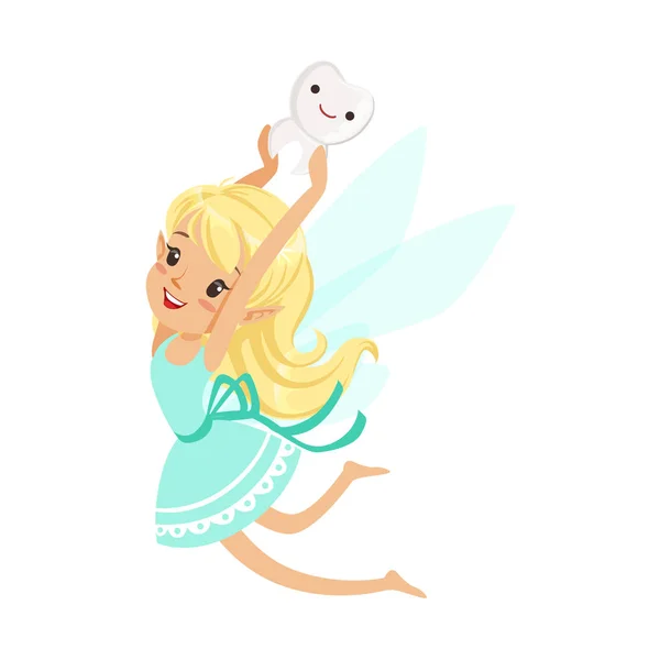 Милая мультяшная блондинка Зубная Фея девочка летающая и несущая зуб над головой красочный вектор характера Иллюстрация — стоковый вектор
