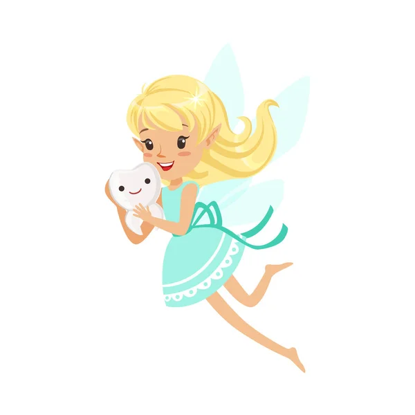 Mooie zoete glimlachend blond meisje van de tandenfee vliegen en houden van tand kleurrijke cartoon karakter vector illustratie — Stockvector