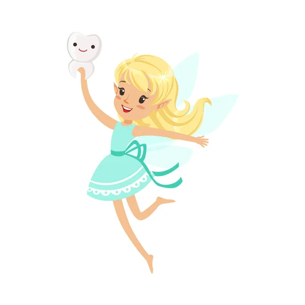 Piękna słodka blondynka dziewczyna Tooth Fairy pływające i gospodarstwa uśmiechający się wektor znak ząb kolorowy kreskówka ilustracja — Wektor stockowy