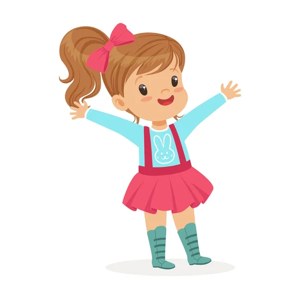 Ute sonriente niña vestida con una falda rosa y arco colorido personaje de dibujos animados vector Ilustración — Vector de stock