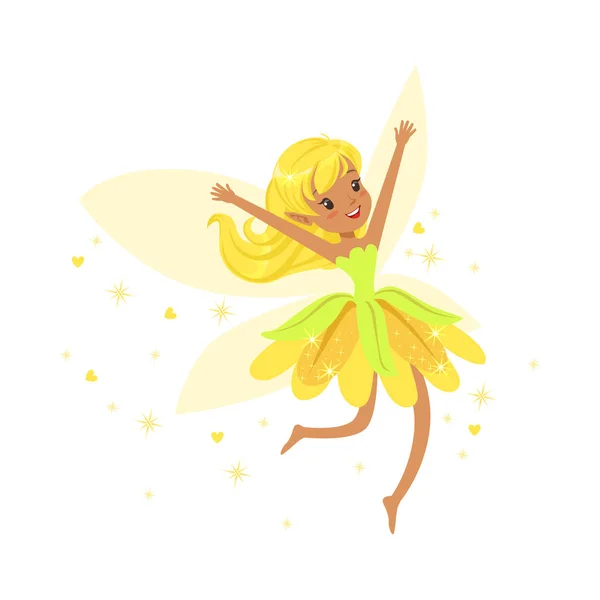 Beautiful smiling yellow Fairy girl flying colorful cartoon character vector Illustration — Stock Vector