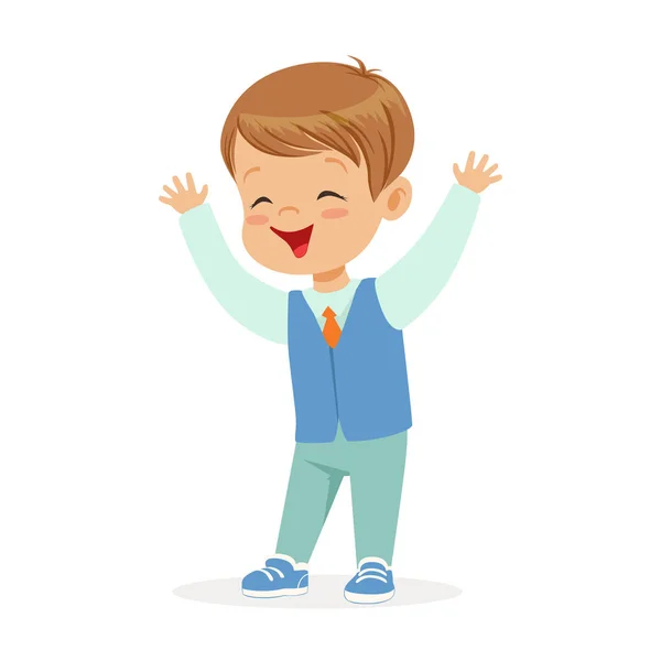 Lyckligt leende liten pojke i finkläder färgglada tecknad karaktär vektor Illustration — Stock vektor
