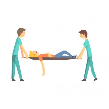 Kaza çizgi film karakterleri illüstrasyon vektör sonra yaralı bir kişiye yardım veren sağlık görevlisi