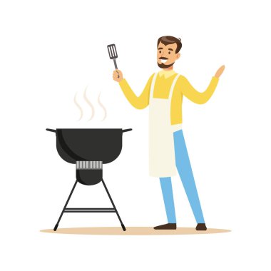 Barbekü Izgara vektör çizim üzerinde hazırlanıyor önlük gülümseyen adam