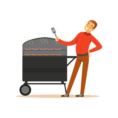 Gülümseyen adam sosis ve bir barbekü ızgara vektör çizim üzerinde biftek hazırlanması