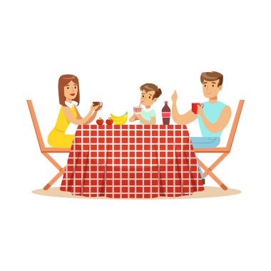 Mutlu aile piknik vektör çizim öğle yemeği açık havada, anne, baba ve oğul karakter sahip