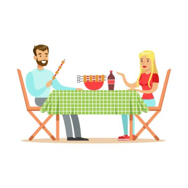 Mutlu çift, Barbekü keyfi bir piknik neşeli erkek ve kadın karakter illüstrasyon vektör