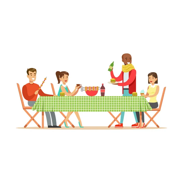 Щасливі друзі насолоджуються барбекю, веселими персонажами людей на пікніку Векторні ілюстрації — стоковий вектор