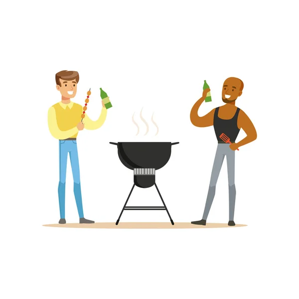 Two friends preparing barbecue on a grill and drinking beer vector Illustration — Stock Vector