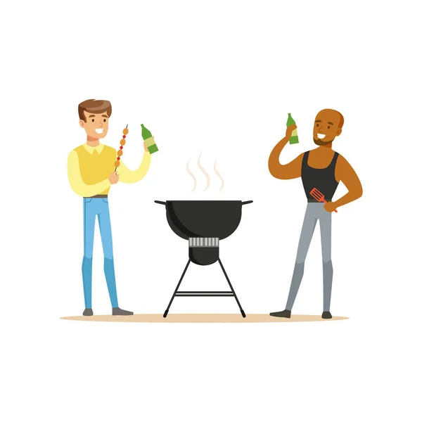 Dos amigos preparando barbacoa en una parrilla y bebiendo cerveza vector Ilustración — Vector de stock