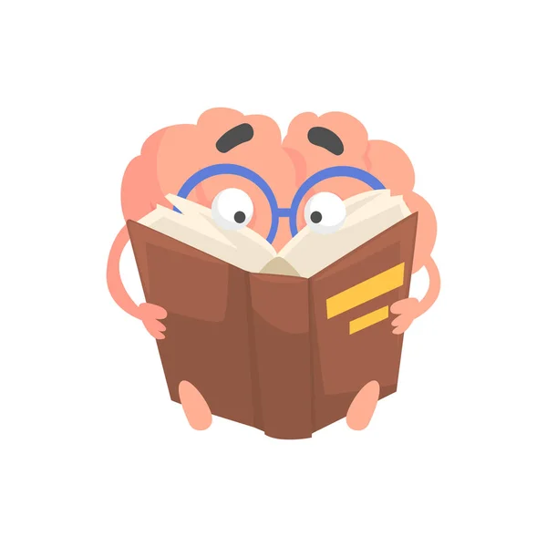 Smart humanized cartoon brain character reading a book, intellect human organ vector Illustration — Stock Vector