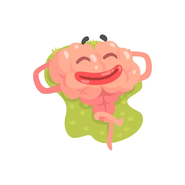 Personaje del cerebro de dibujos animados humanizado feliz tumbado y tomando el sol, intelecto vector de órganos humanos Illustratio — Vector de stock