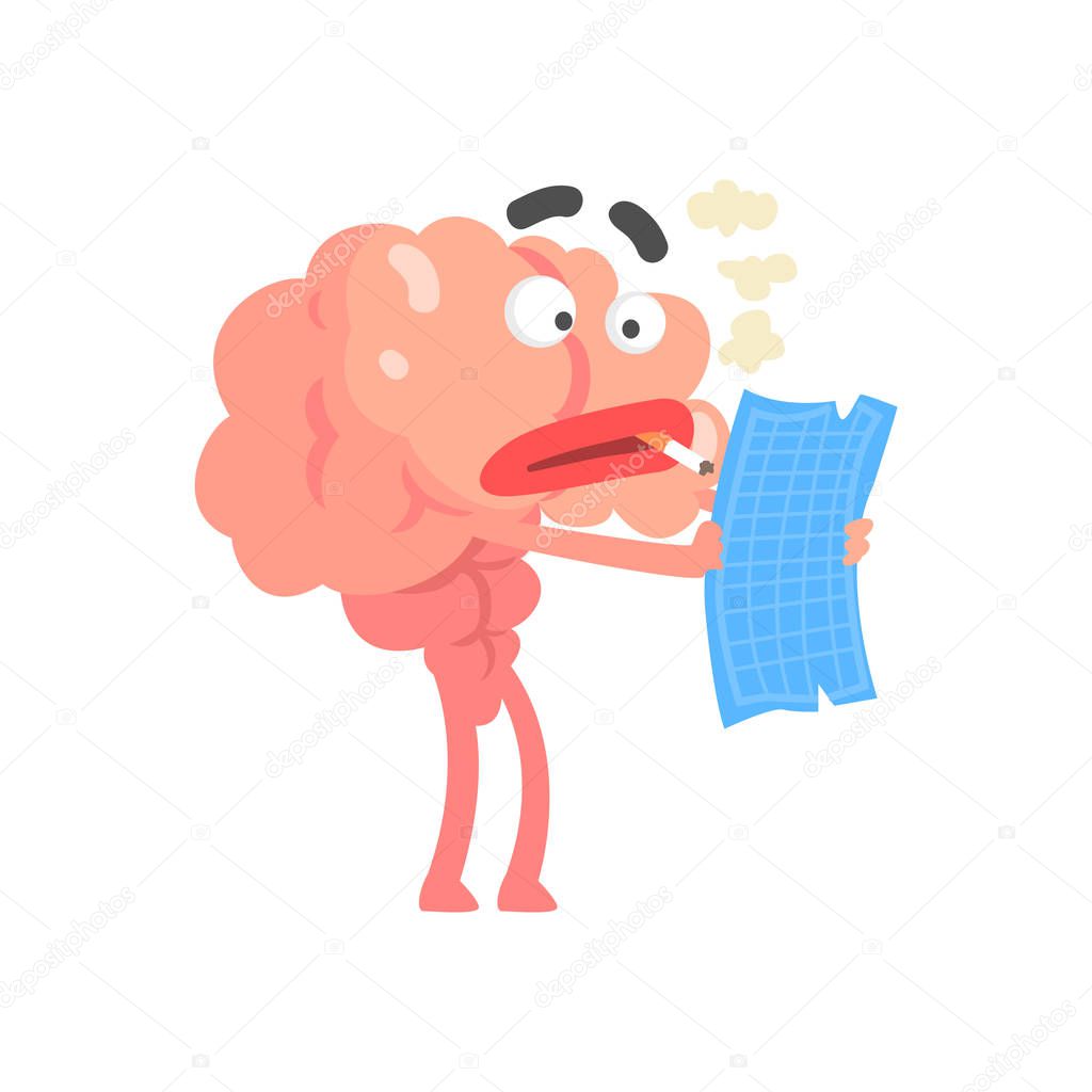 Smoking humanized cartoon brain character examine document, intellect human organ vector Illustration