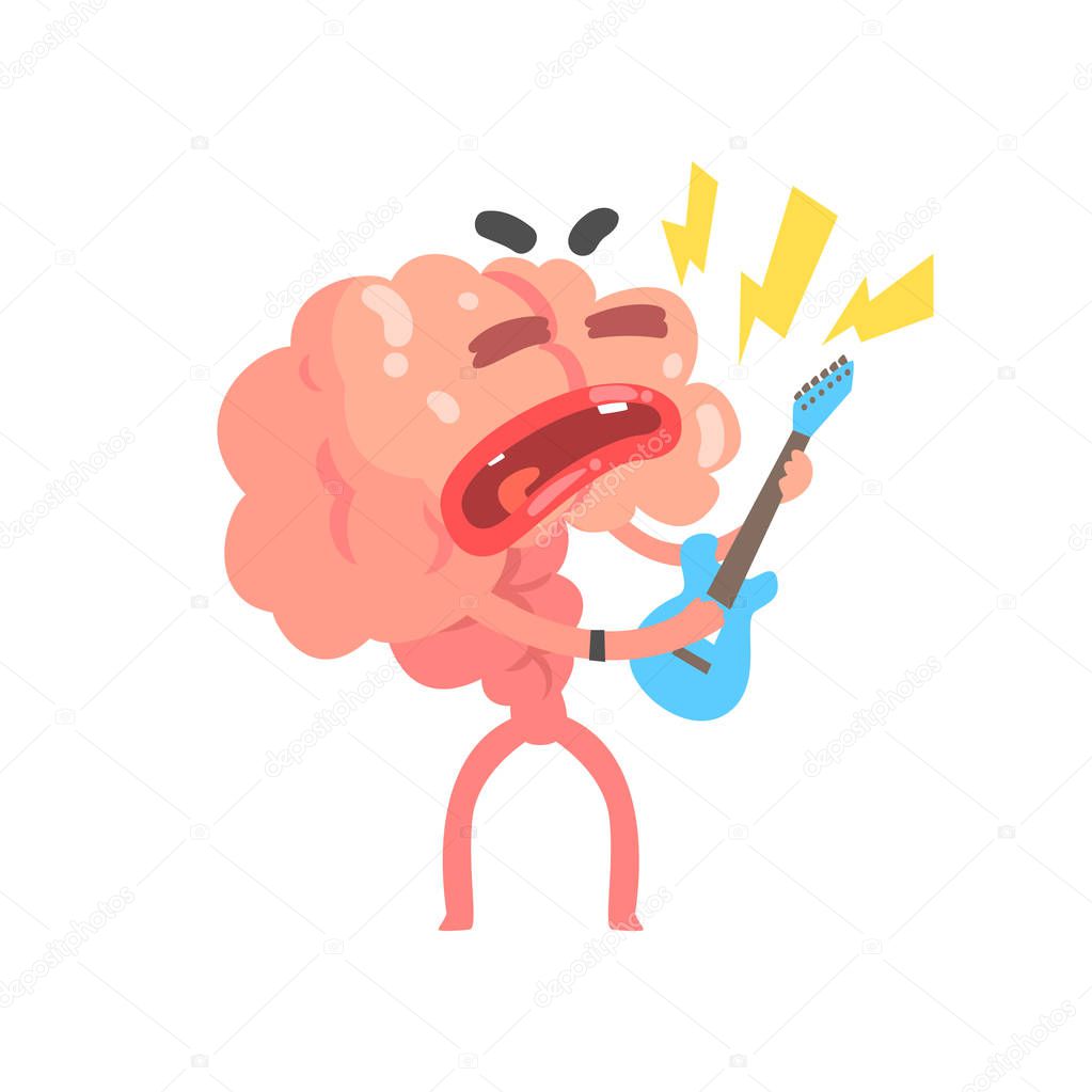 Humanized cartoon brain character playing guitar, intellect human organ vector Illustration