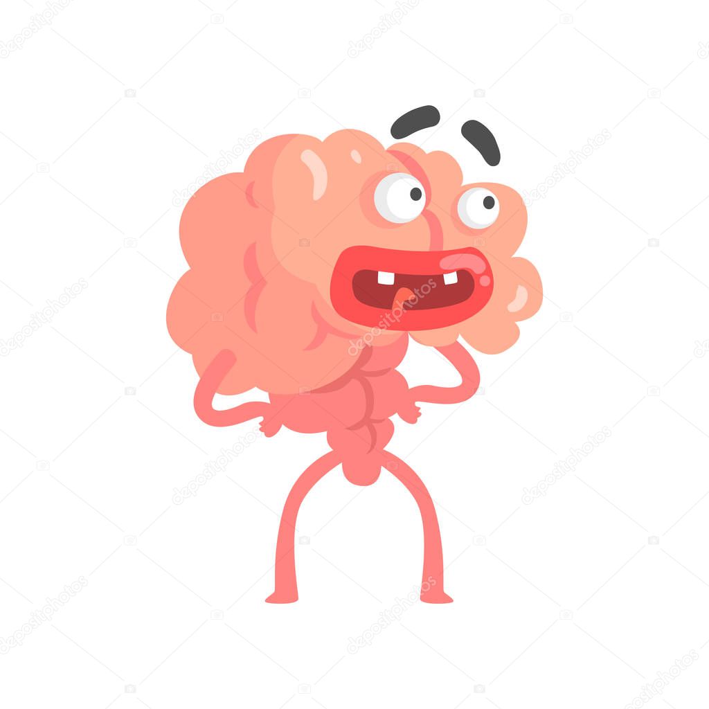 Surprised scared humanized cartoon brain character, intellect human organ vector Illustration