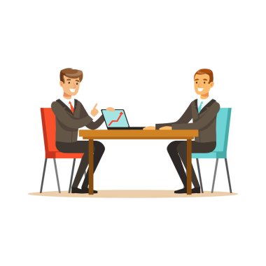 Yeni proje ofis içinde laptop ile tartışırken bir iş toplantısında iki iş adamları illüstrasyon vektör