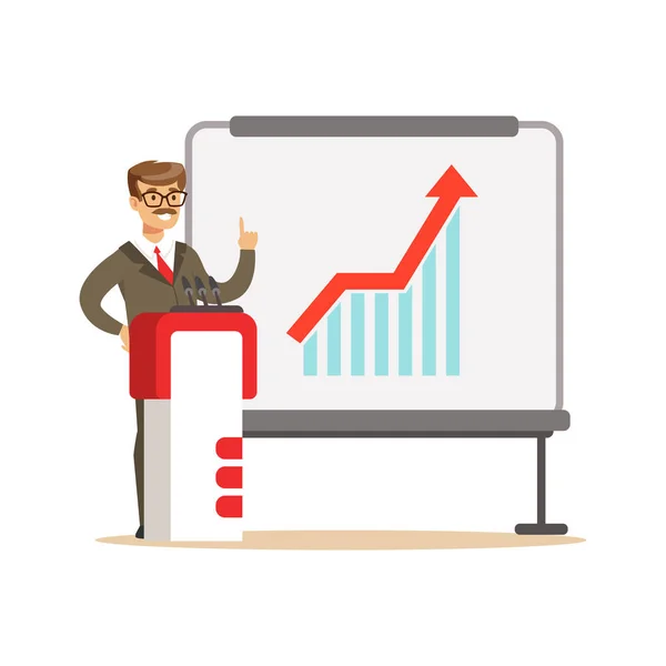 Glimlachend zakenman het geven van een presentatie en uitleg grafiek van de groei op een whiteboard, vector illustratie — Stockvector