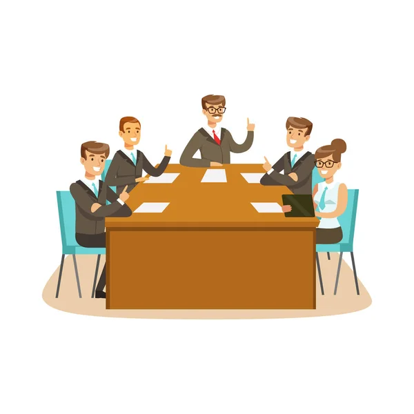 Geschäftspartner diskutieren und stimmen bei einem Meeting in einer Bürovektorillustration ab — Stockvektor