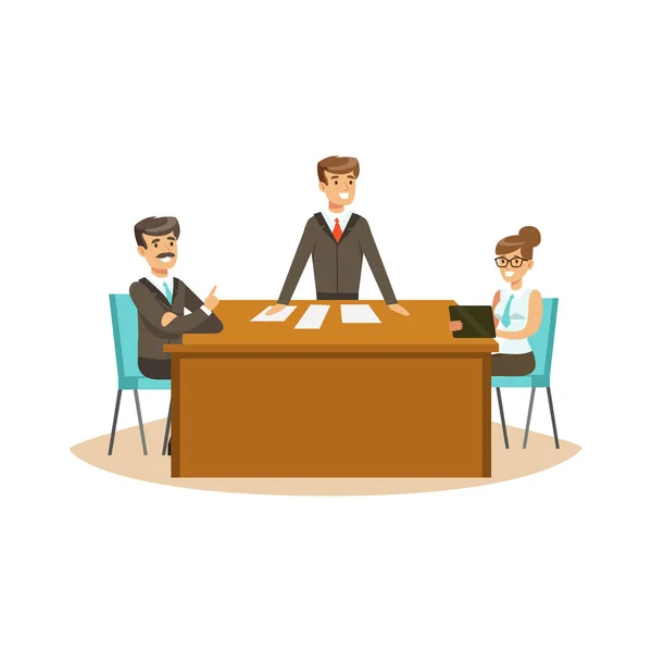 Gli imprenditori discutono in riunione in un ufficio vettoriale Illustrazione — Vettoriale Stock