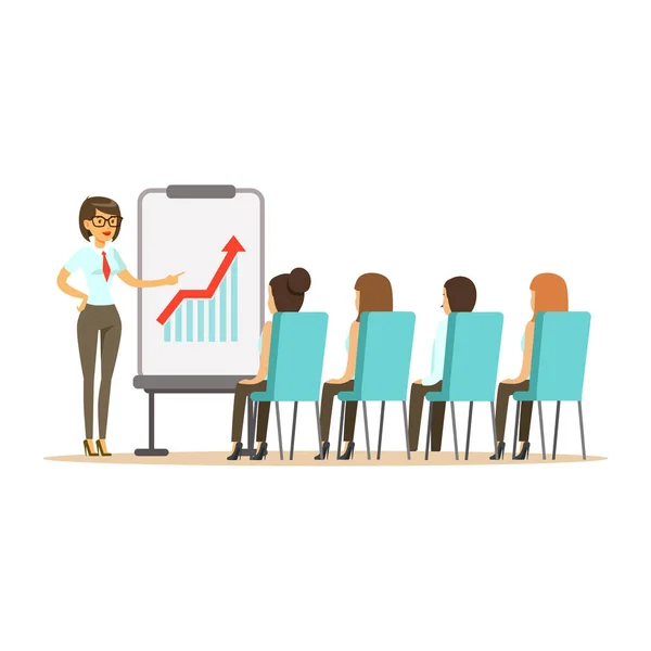 Empresária apontando para um quadro branco com gráfico de crescimento em uma reunião de negócios em um vetor de escritório Ilustração — Vetor de Stock