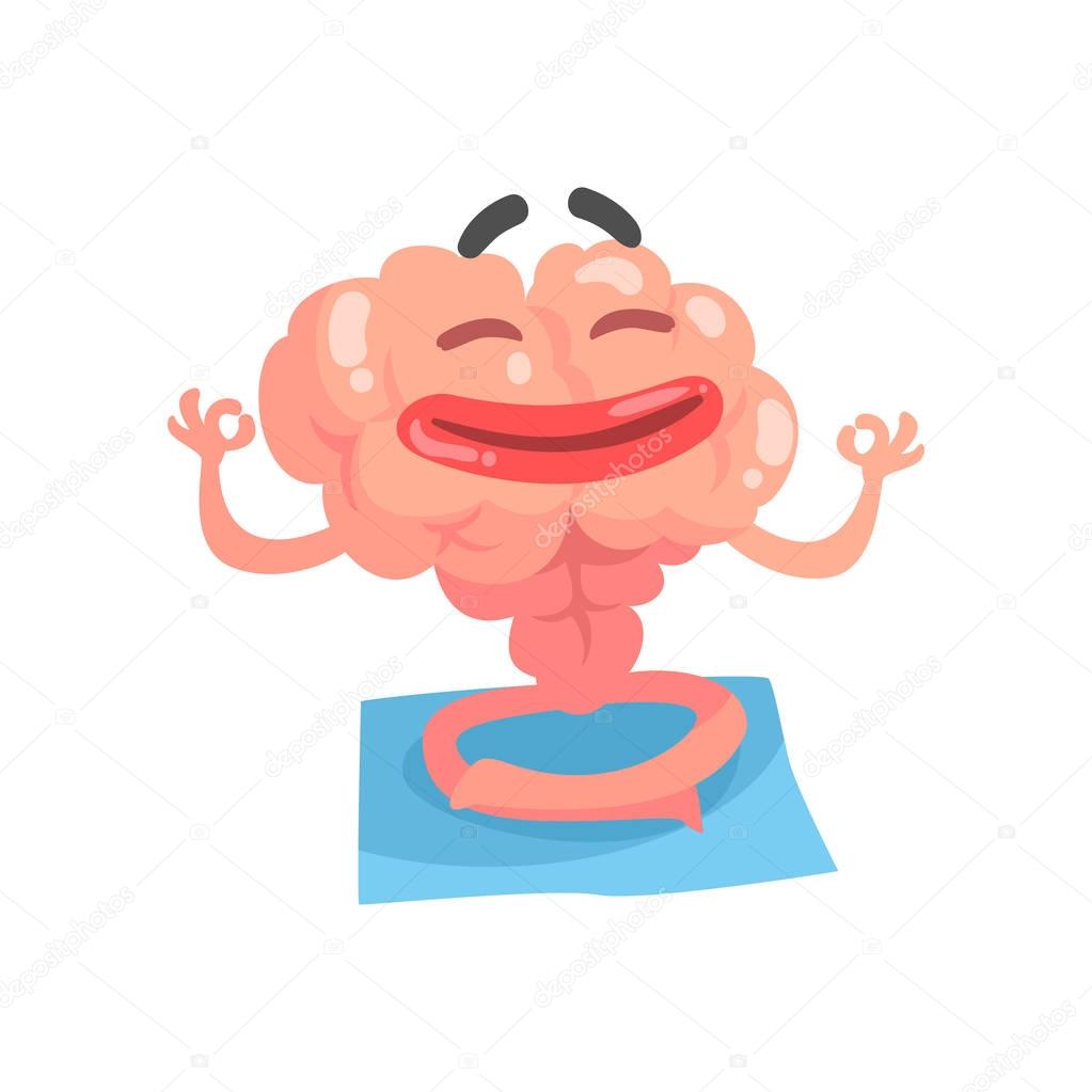 Relaxed humanized cartoon brain character meditating, intellect human organ vector Illustration