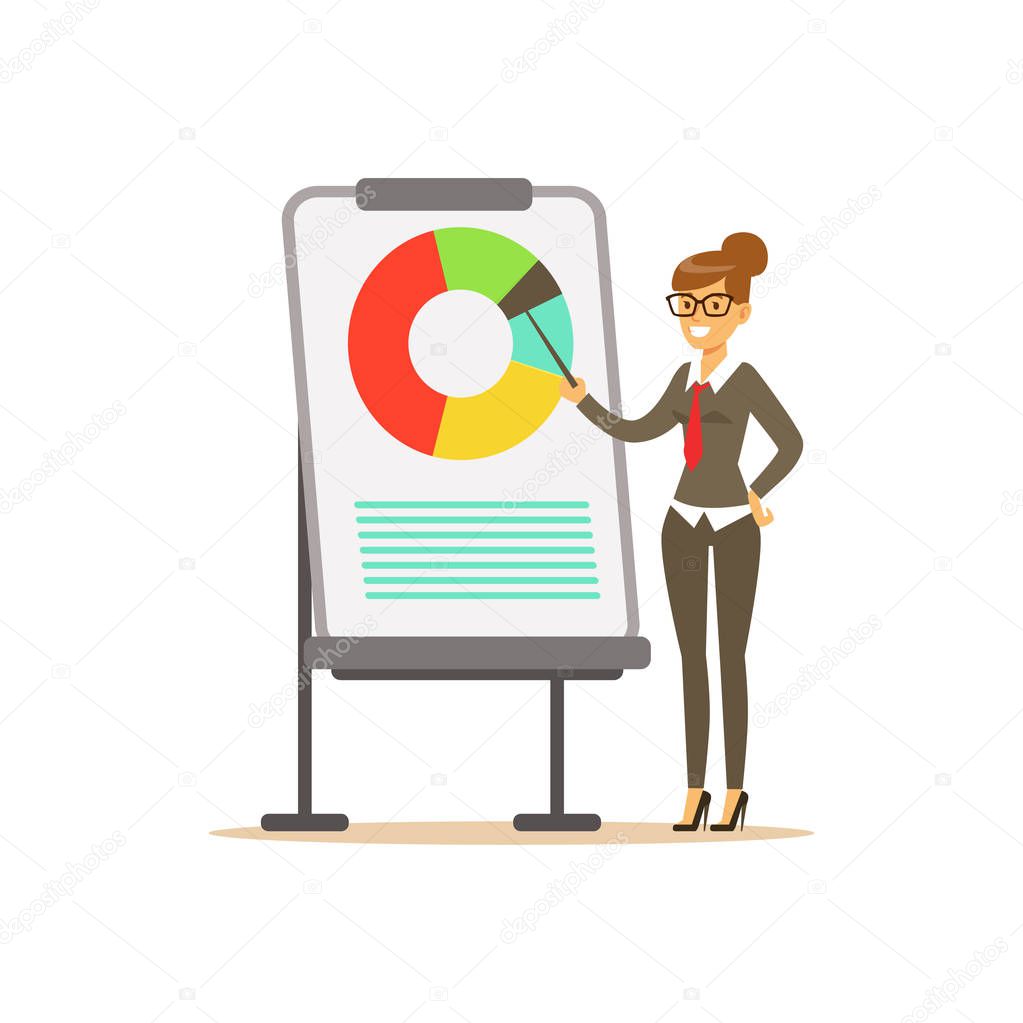 Smiling businesswoman pointing at a whiteboard with chart at a presentation, vector Illustration