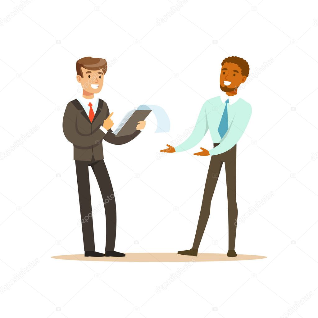 Two businessmen discussing new project in office vector Illustration