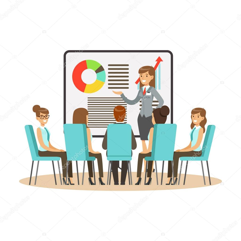 Businesswoman in suit making presentation and explaining chart on a whiteboard, business meeting in an office vector Illustration